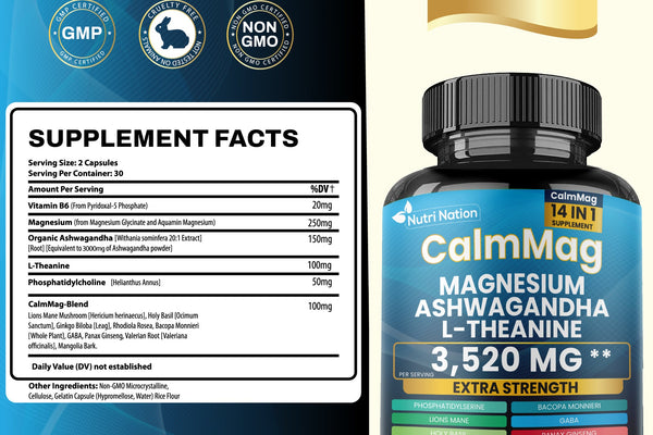 CalmMag Supplement Facts showing 250 mg magnesium per two-capsule serving