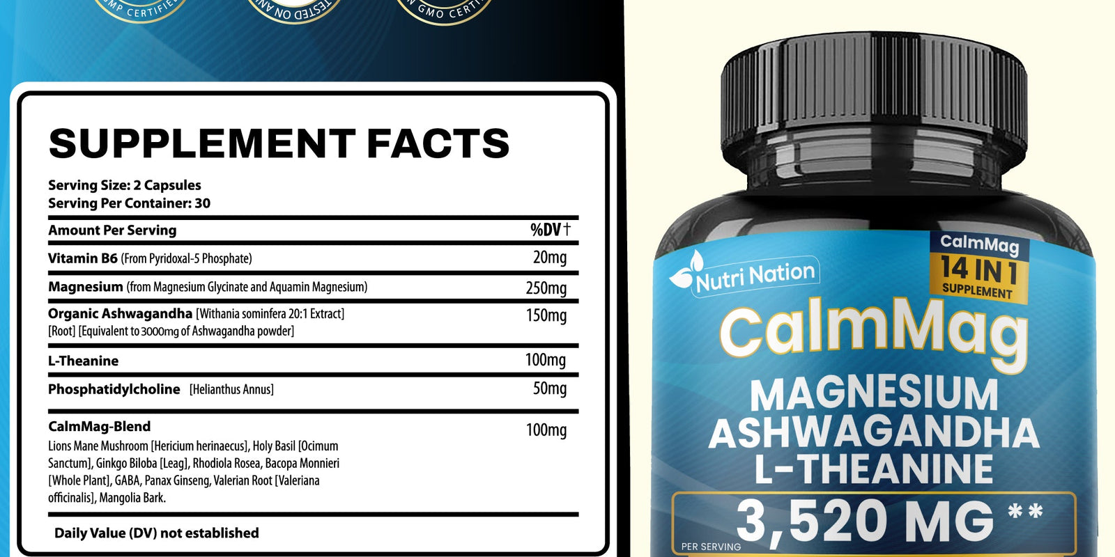 CalmMag Supplement Facts showing 250 mg magnesium per two-capsule serving