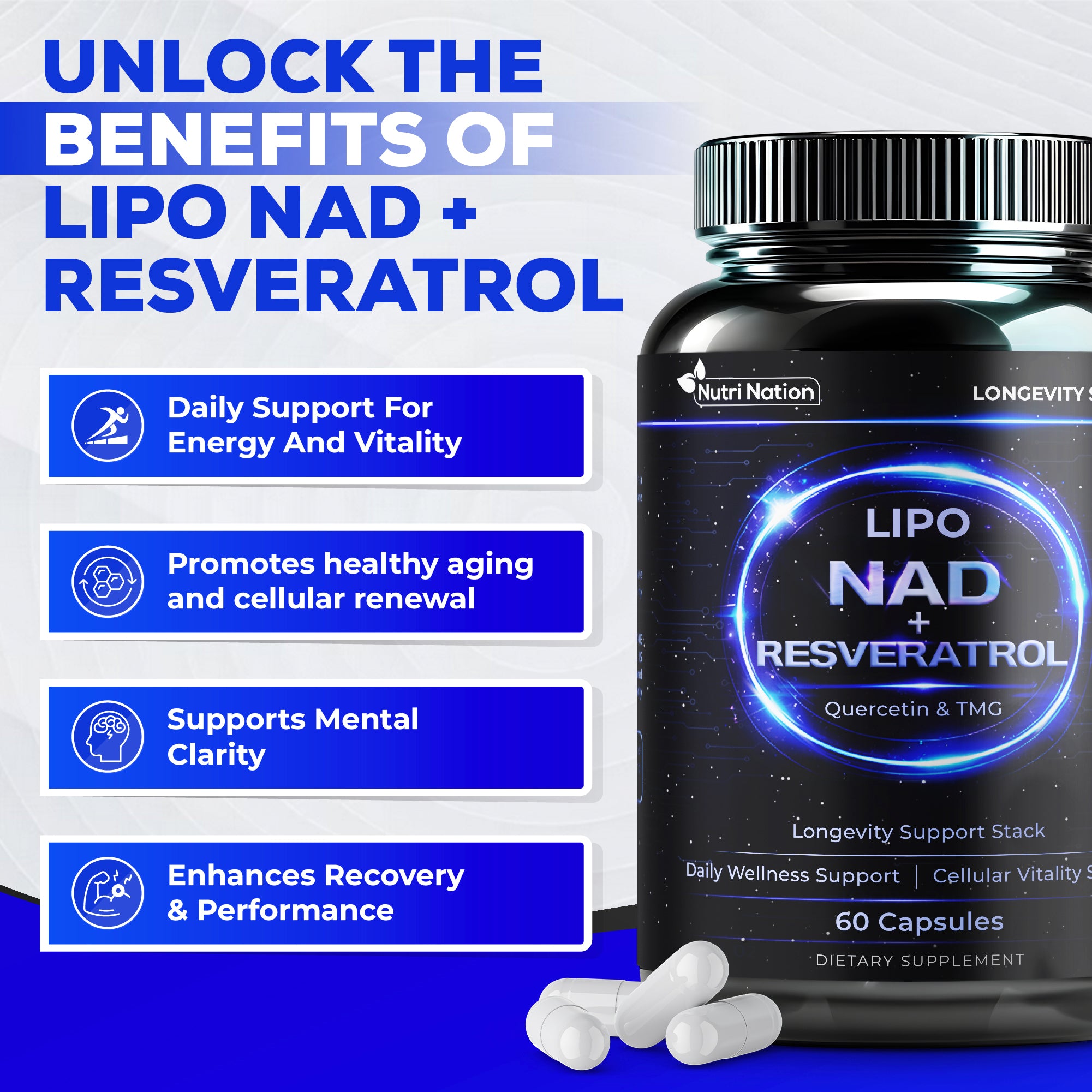 Liposomal NAD Supplement with Resveratrol, Quercetin and TMG, 60 Capsules
