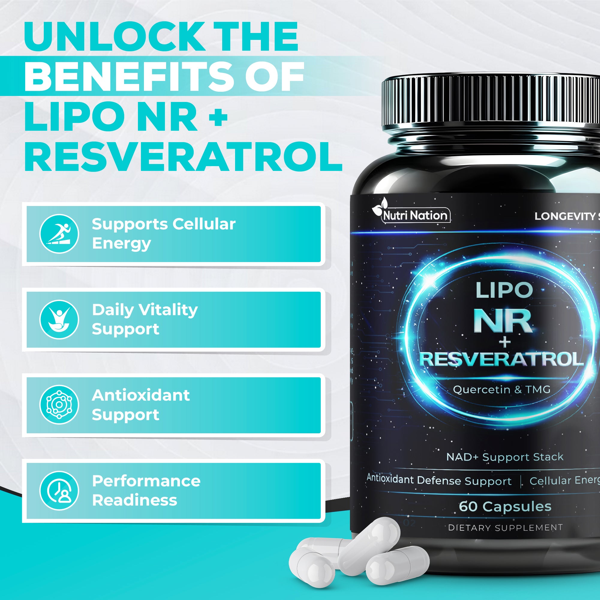 NAD Supplement NR with Resveratrol, Quercetin and TMG 60 Capsules