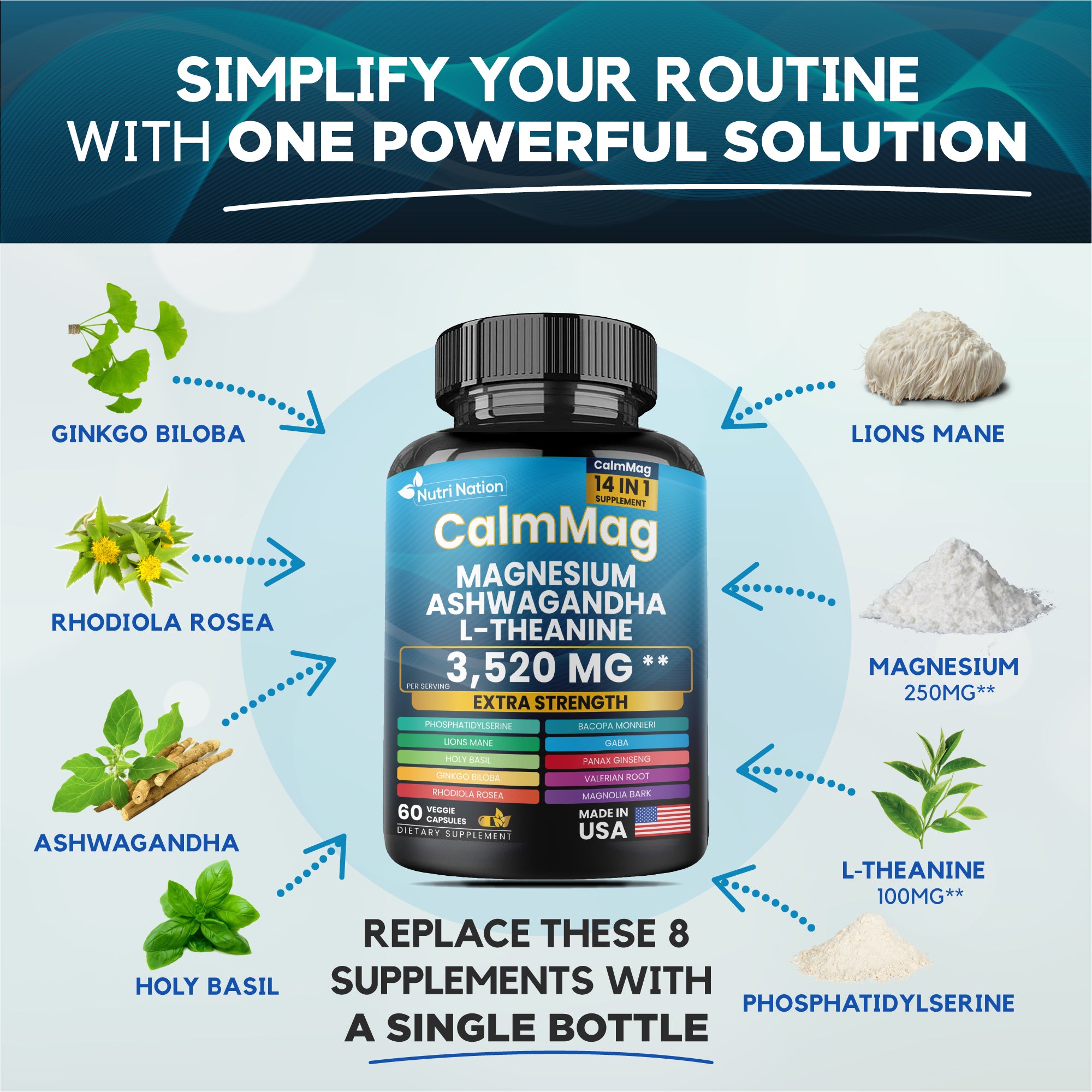 Best Magnesium Glycinate with Ashwagandha and L-Theanine 14 in 1 Supplement 60 Capsules