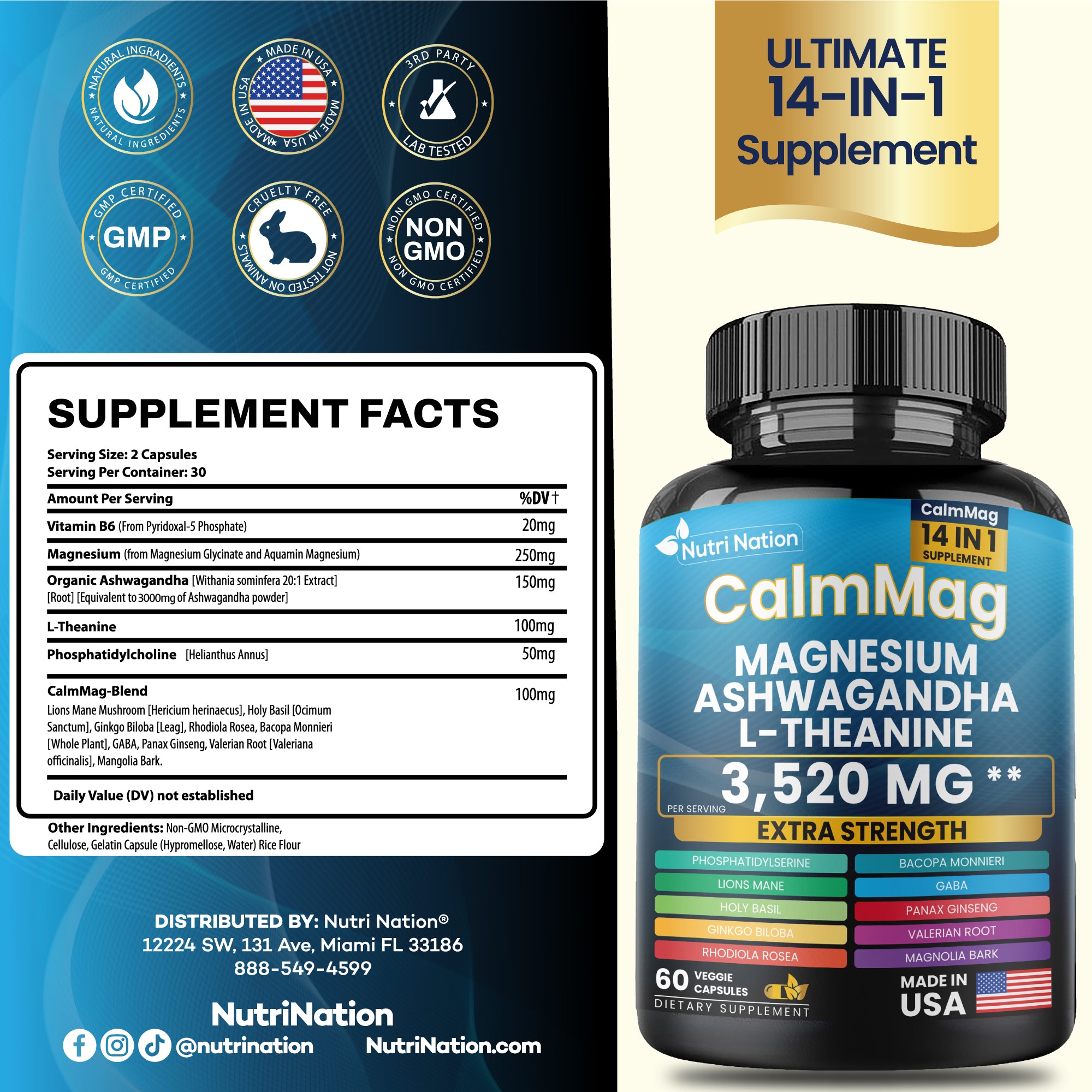 Best Magnesium Glycinate with Ashwagandha and L-Theanine 14 in 1 Supplement 60 Capsules
