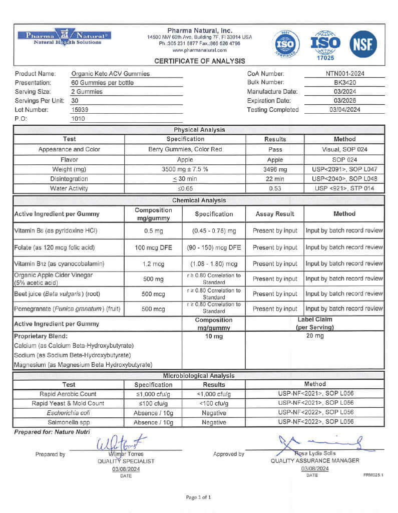 Keto Acv Gummies Certificate of Analysis from ISO 9001 ISO 17025 and NSF Facility