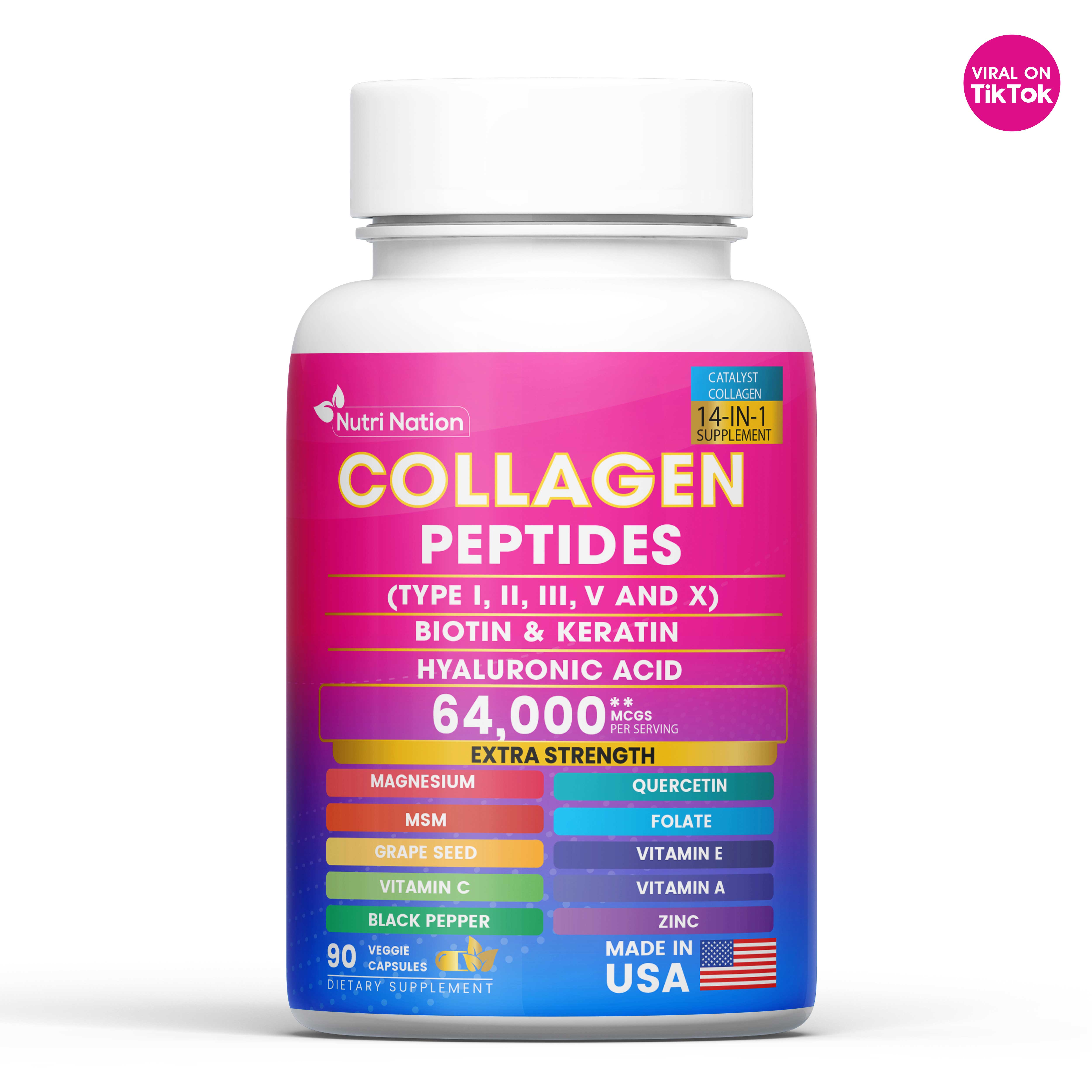 Collagen Peptides Capsules, Type I, II, III, V & X Biotin Keratin Hyaluronic Acid MSM Vitamin C,E, & A, Folic Acid Zinc Magnesium with Grape Seed Extract, Quercetin (90 capsules)