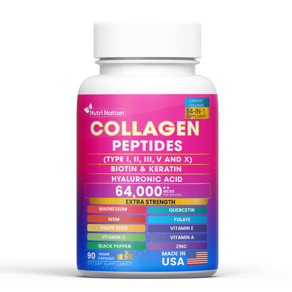 Collagen Peptides Capsules, Type I, II, III, V & X Biotin Keratin Hyaluronic Acid MSM Vitamin C,E, & A, Folic Acid Zinc Magnesium with Grape Seed Extract, Quercetin (90 capsules)