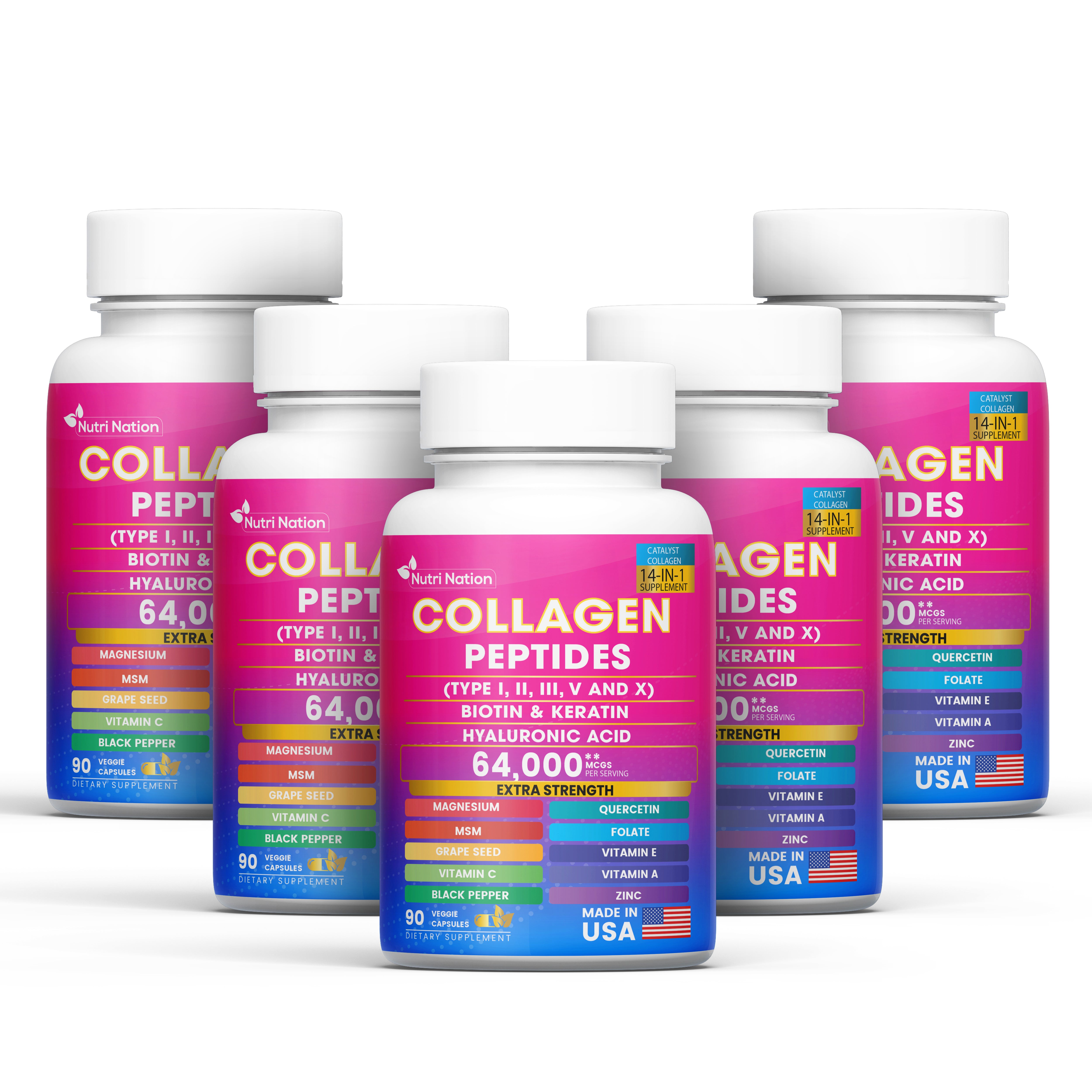Collagen Peptides Capsules, Type I, II, III, V & X Biotin Keratin Hyaluronic Acid MSM Vitamin C,E, & A, Folic Acid Zinc Magnesium with Grape Seed Extract, Quercetin (90 capsules)