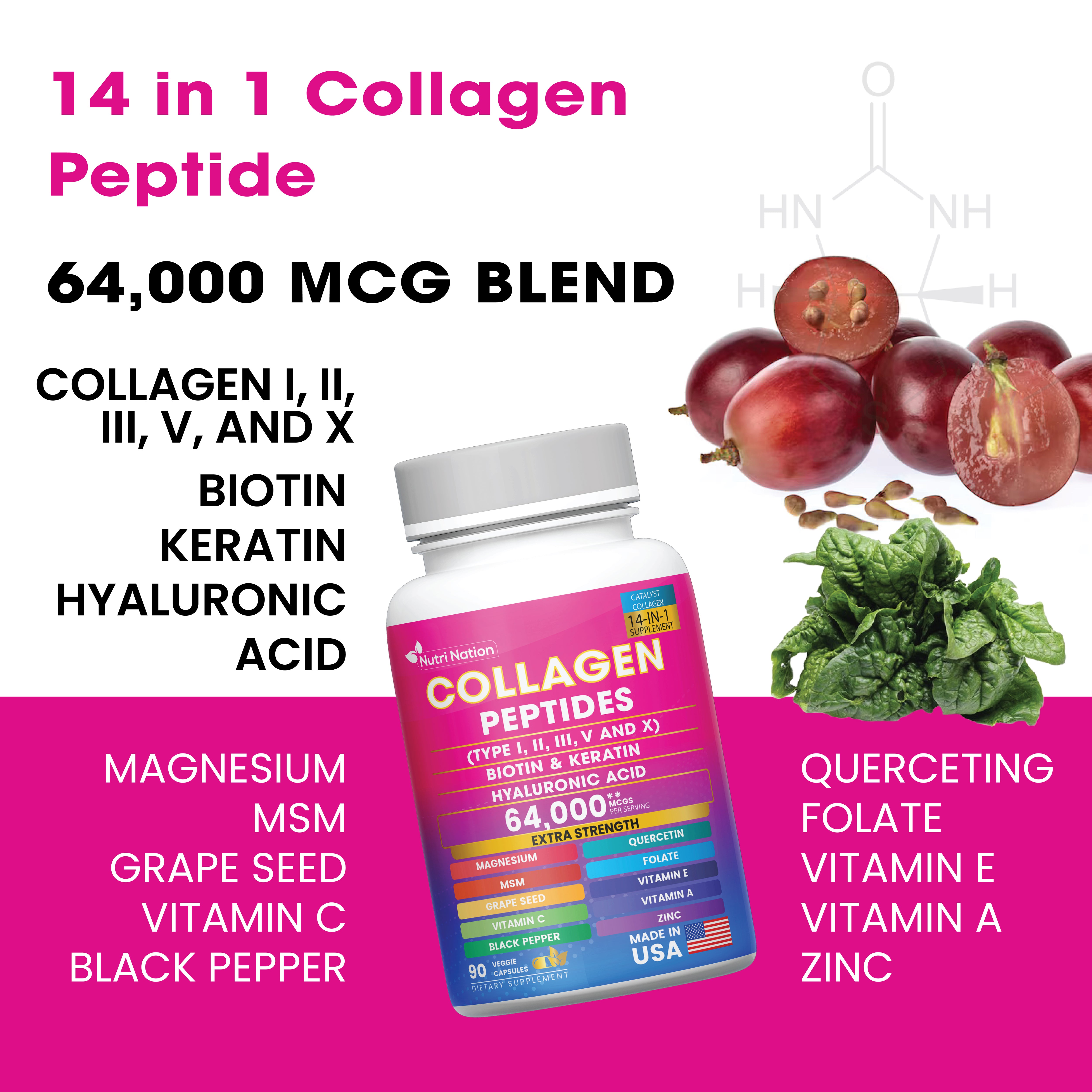 Collagen Peptides Capsules, Type I, II, III, V & X Biotin Keratin Hyaluronic Acid MSM Vitamin C,E, & A, Folic Acid Zinc Magnesium with Grape Seed Extract, Quercetin (90 capsules)