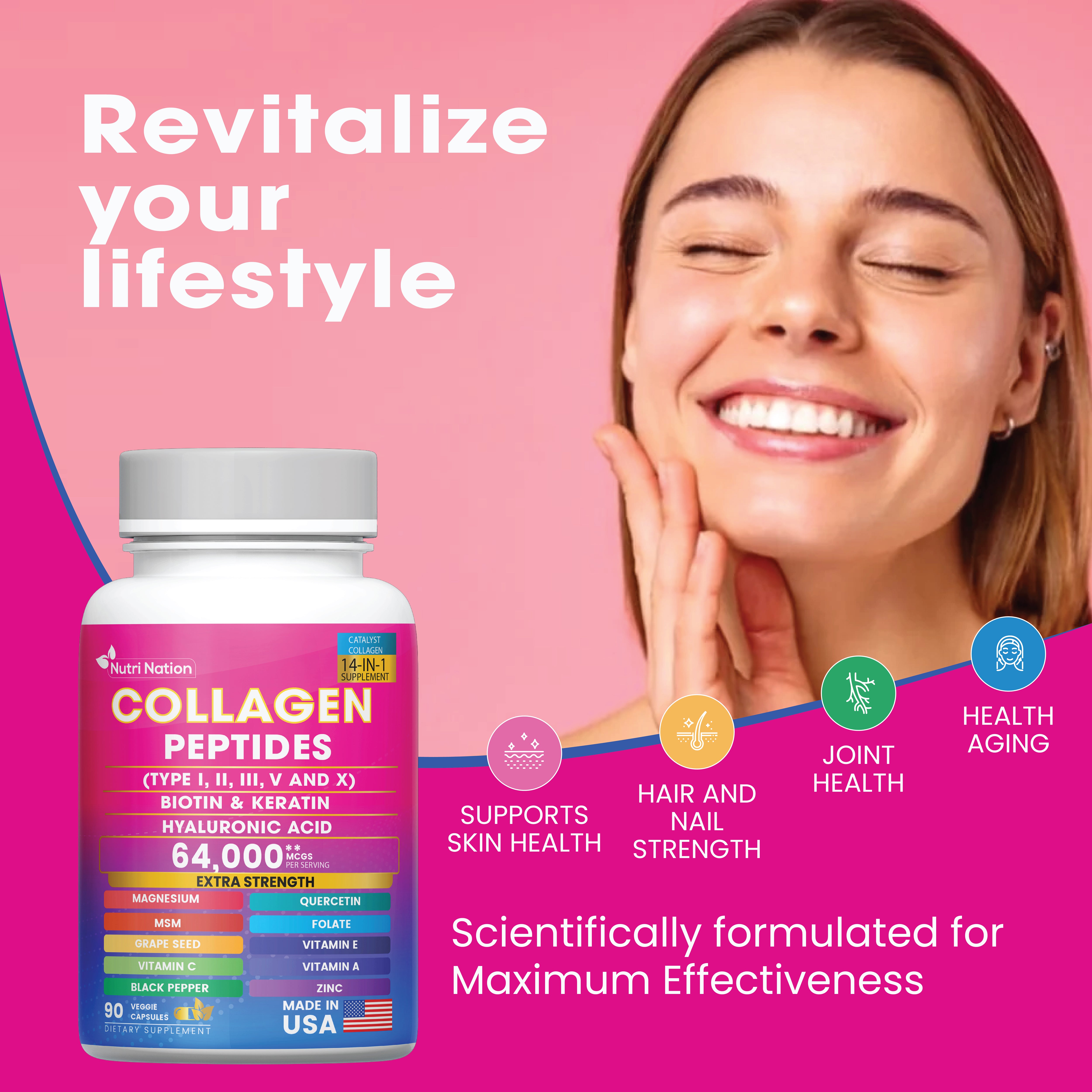 Collagen Peptides Capsules, Type I, II, III, V & X Biotin Keratin Hyaluronic Acid MSM Vitamin C,E, & A, Folic Acid Zinc Magnesium with Grape Seed Extract, Quercetin (90 capsules)