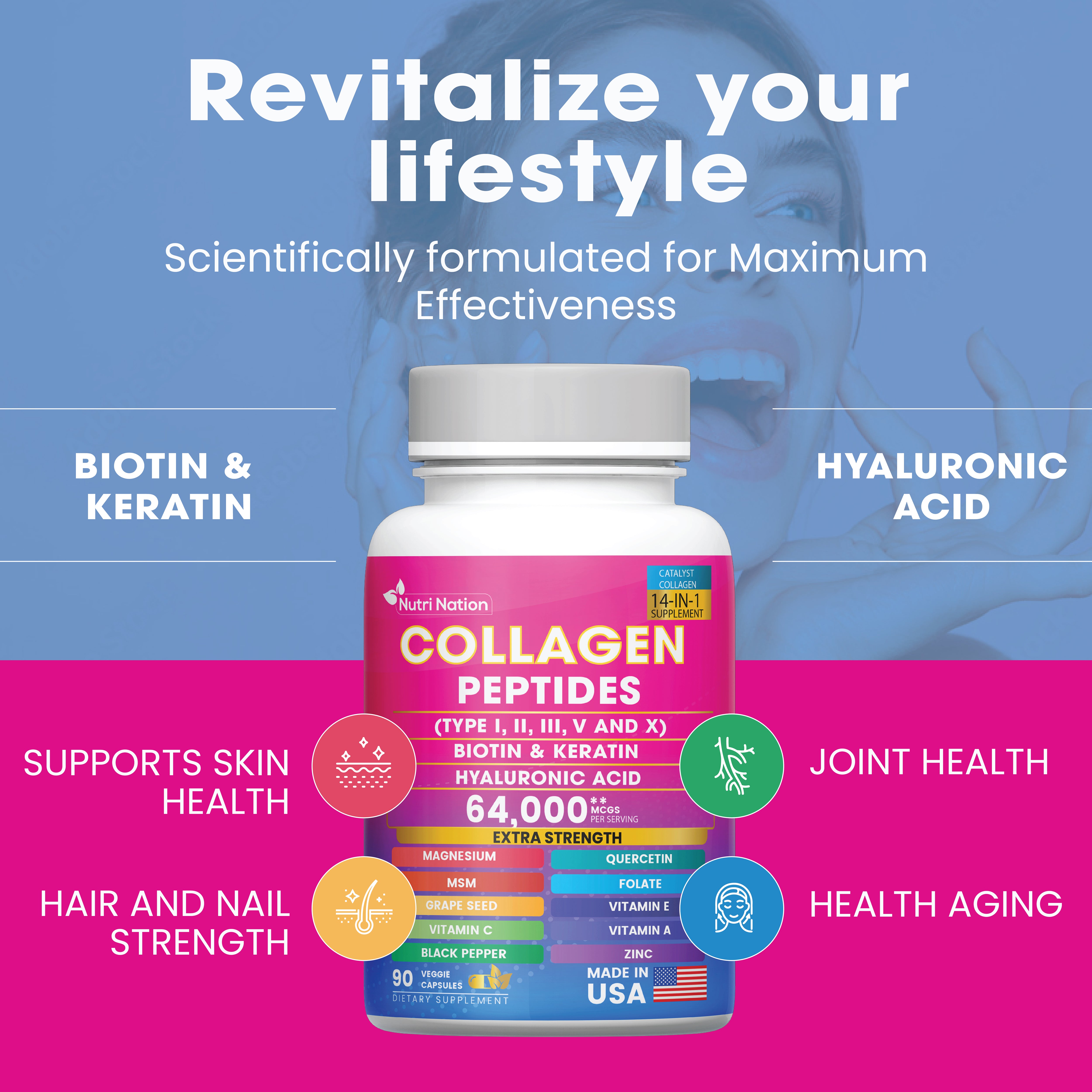 Collagen Peptides Capsules, Type I, II, III, V & X Biotin Keratin Hyaluronic Acid MSM Vitamin C,E, & A, Folic Acid Zinc Magnesium with Grape Seed Extract, Quercetin (90 capsules)