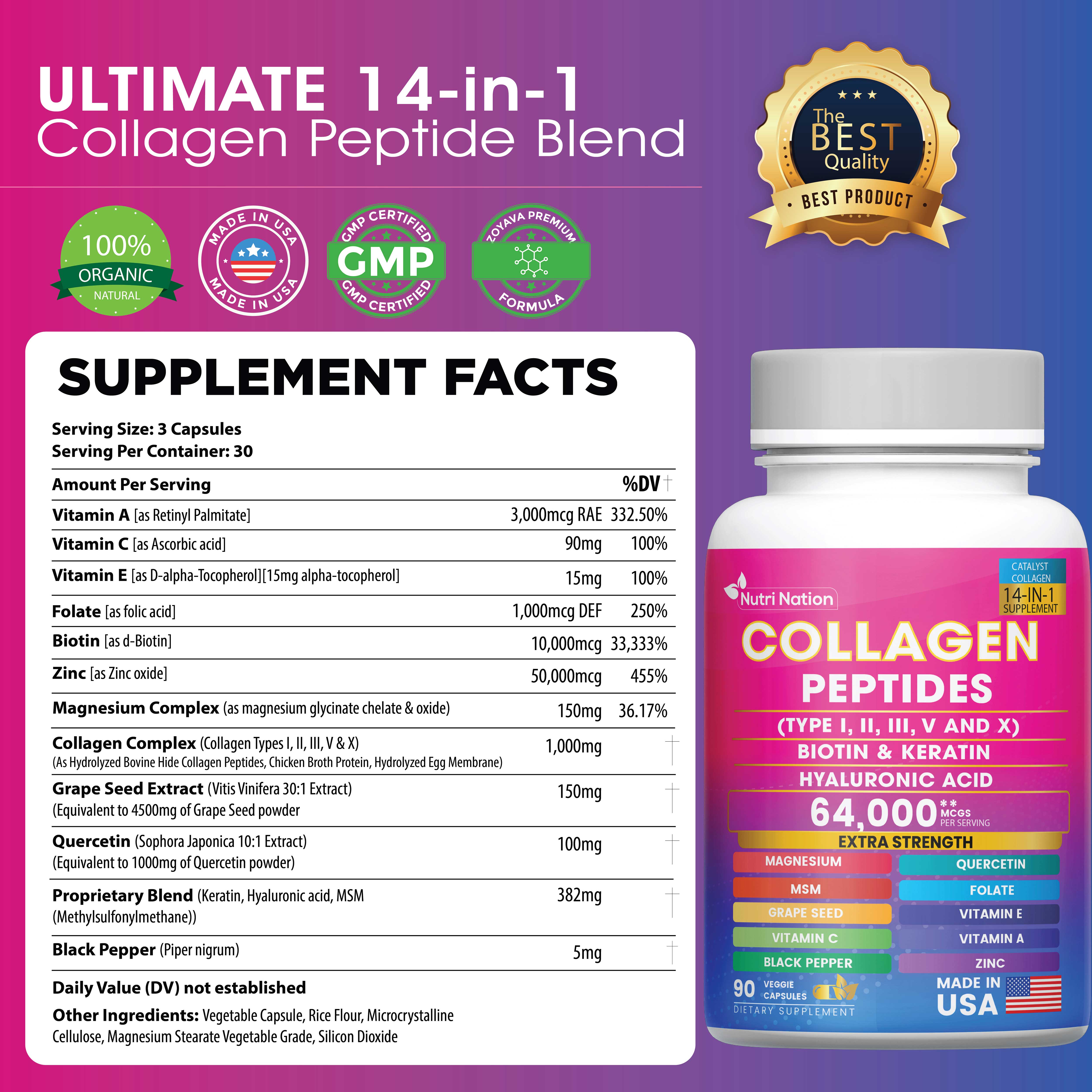 Collagen Peptides Capsules, Type I, II, III, V & X Biotin Keratin Hyaluronic Acid MSM Vitamin C,E, & A, Folic Acid Zinc Magnesium with Grape Seed Extract, Quercetin (90 capsules)