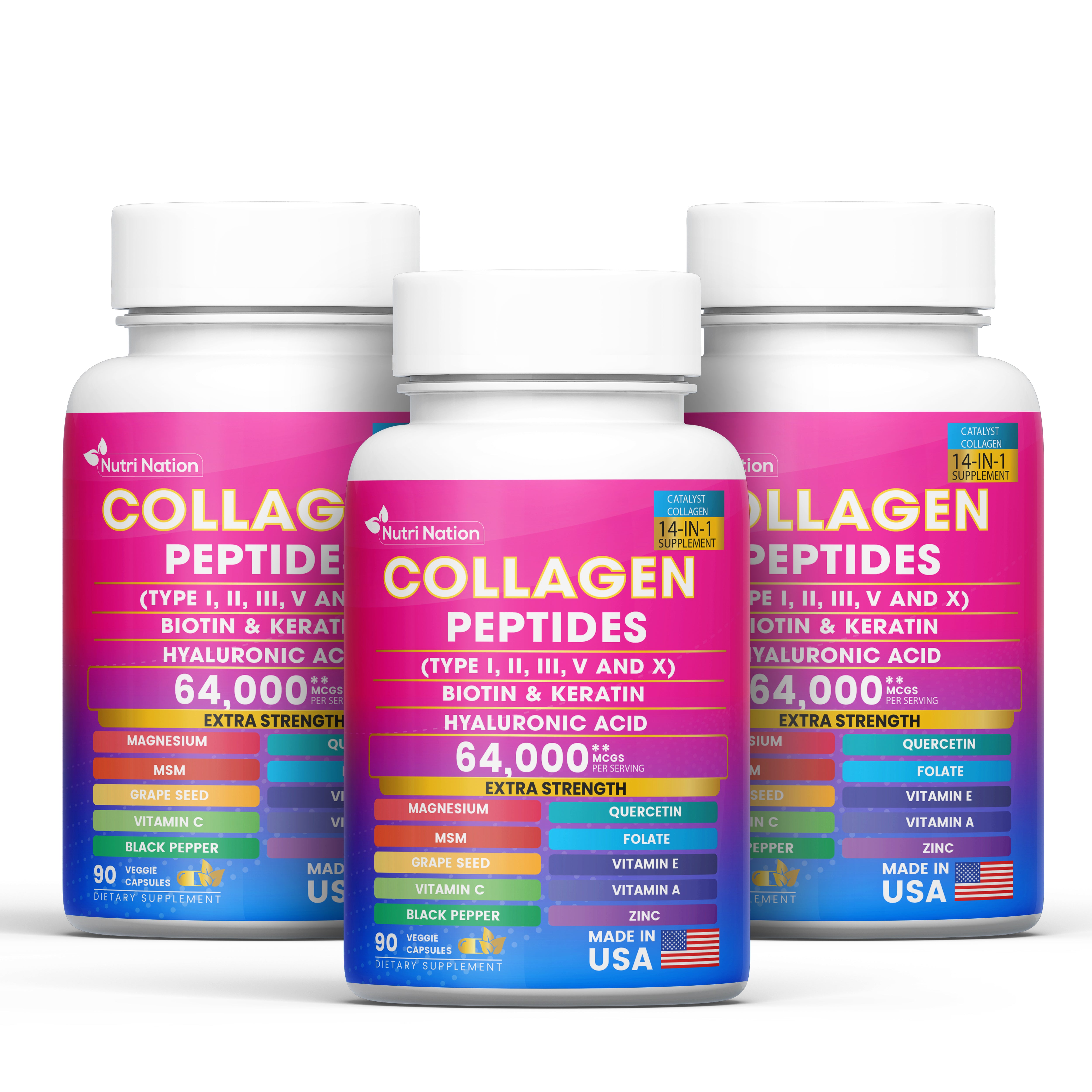 Collagen Peptides Capsules, Type I, II, III, V & X Biotin Keratin Hyaluronic Acid MSM Vitamin C,E, & A, Folic Acid Zinc Magnesium with Grape Seed Extract, Quercetin (90 capsules)