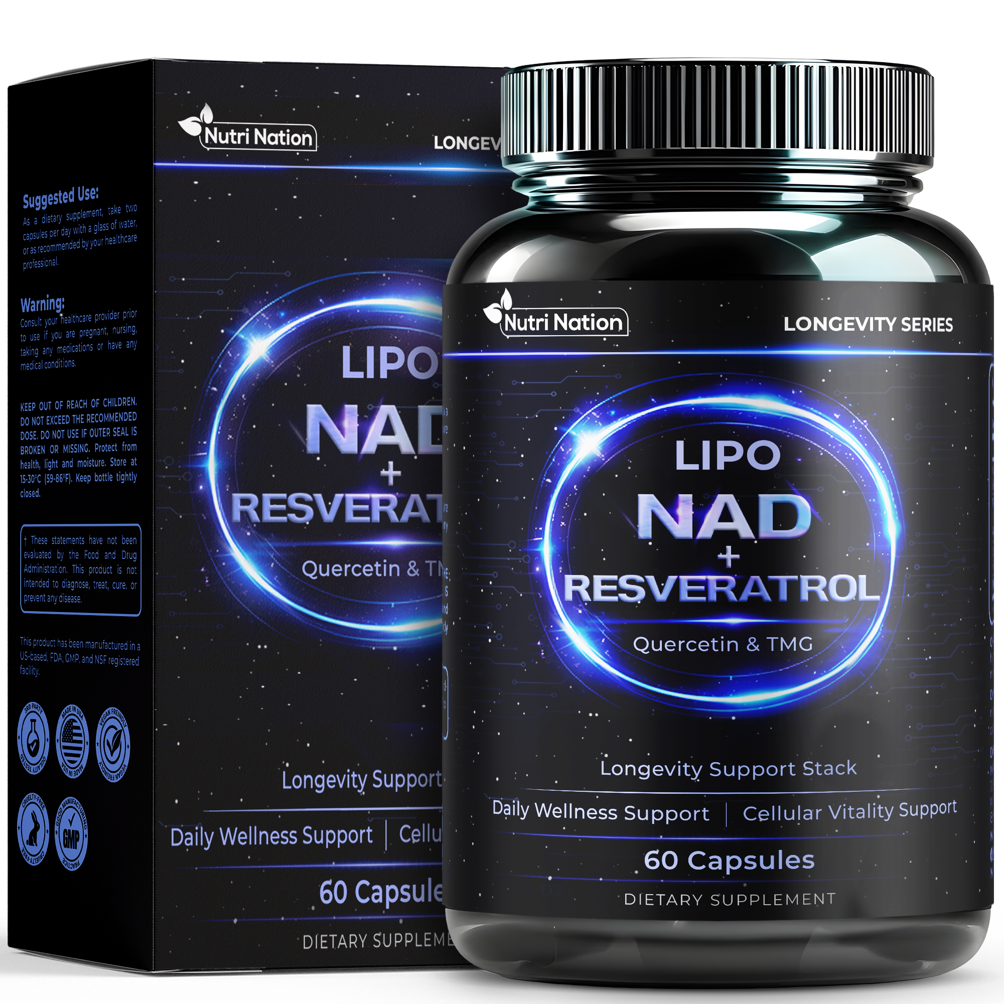 Liposomal NAD Supplement with Resveratrol, Quercetin and TMG, 60 Capsules