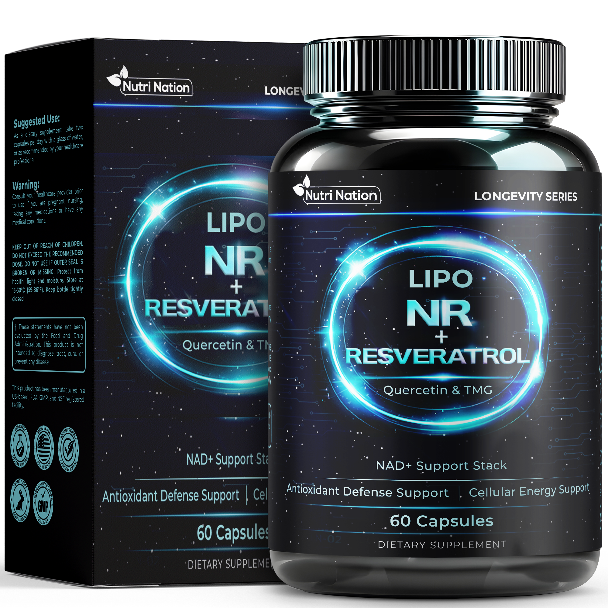 NAD Supplement NR with Resveratrol, Quercetin and TMG 60 Capsules