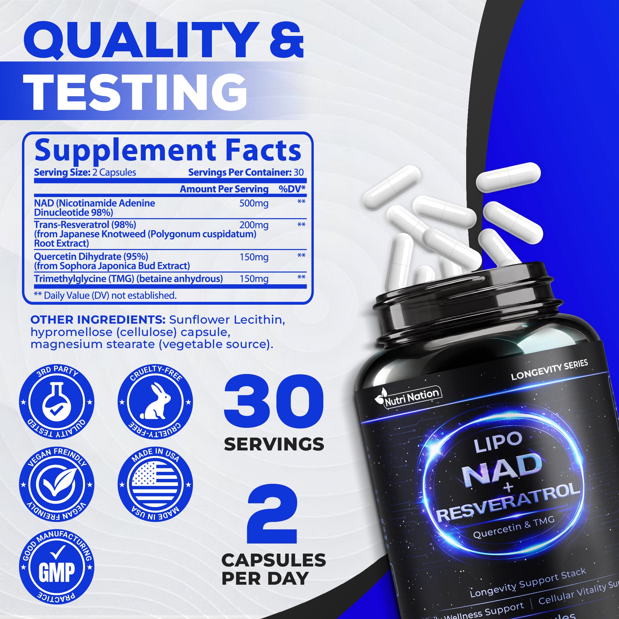 Liposomal NAD Supplement with Resveratrol, Quercetin and TMG, 60 Capsules