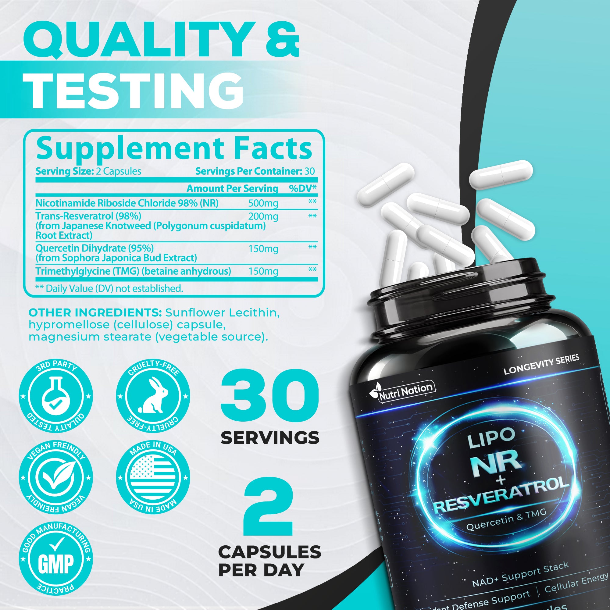 NAD Supplement NR with Resveratrol, Quercetin and TMG 60 Capsules