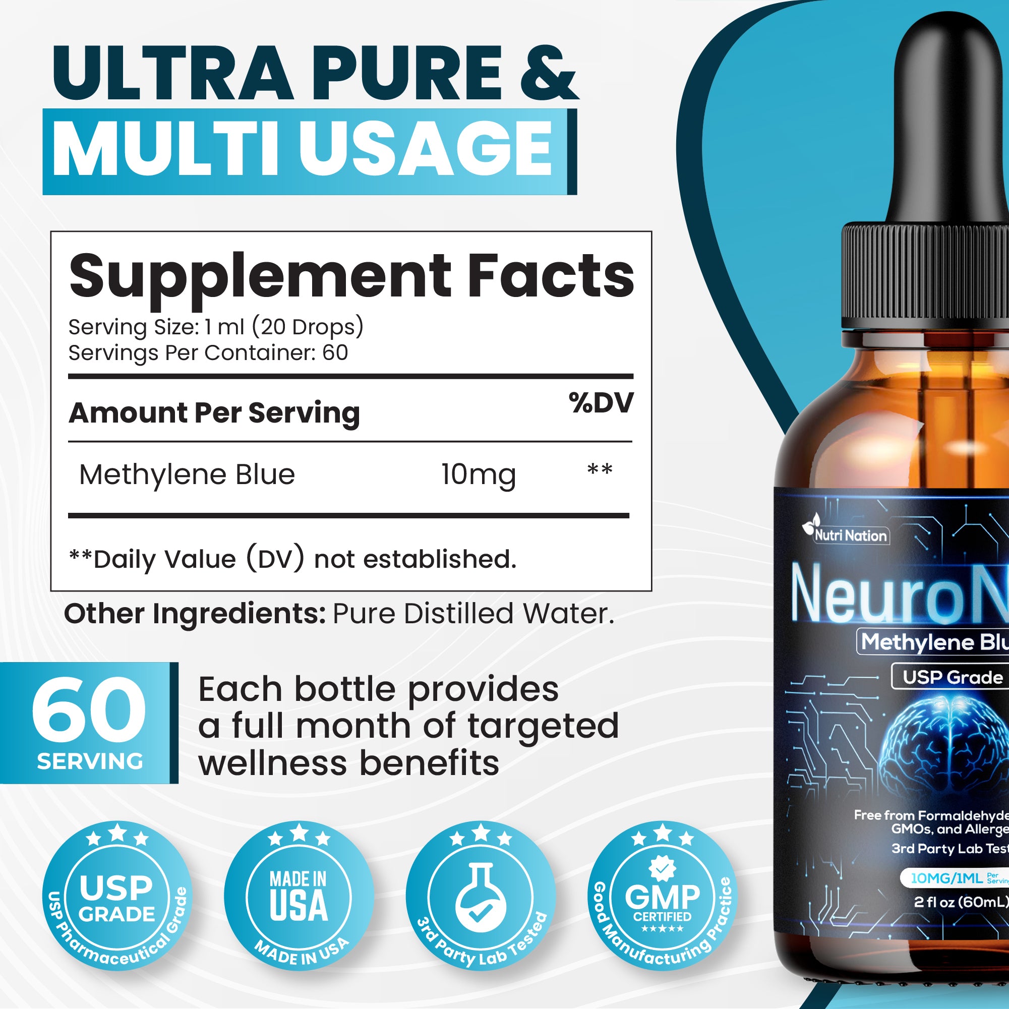 Methylene Blue Drops USP Grade 99.99% 60ML for Brain and Cognitive Health