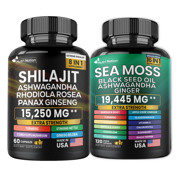 Dynamic Vitality Bundle Sea Moss 7000mg Black Seed Oil 4000mg Ashwagandha 2000mg Ginger & Shilajit 9000mg Rhodiola Rosea 61000mg Panax Ginseng 1500mg All in 1