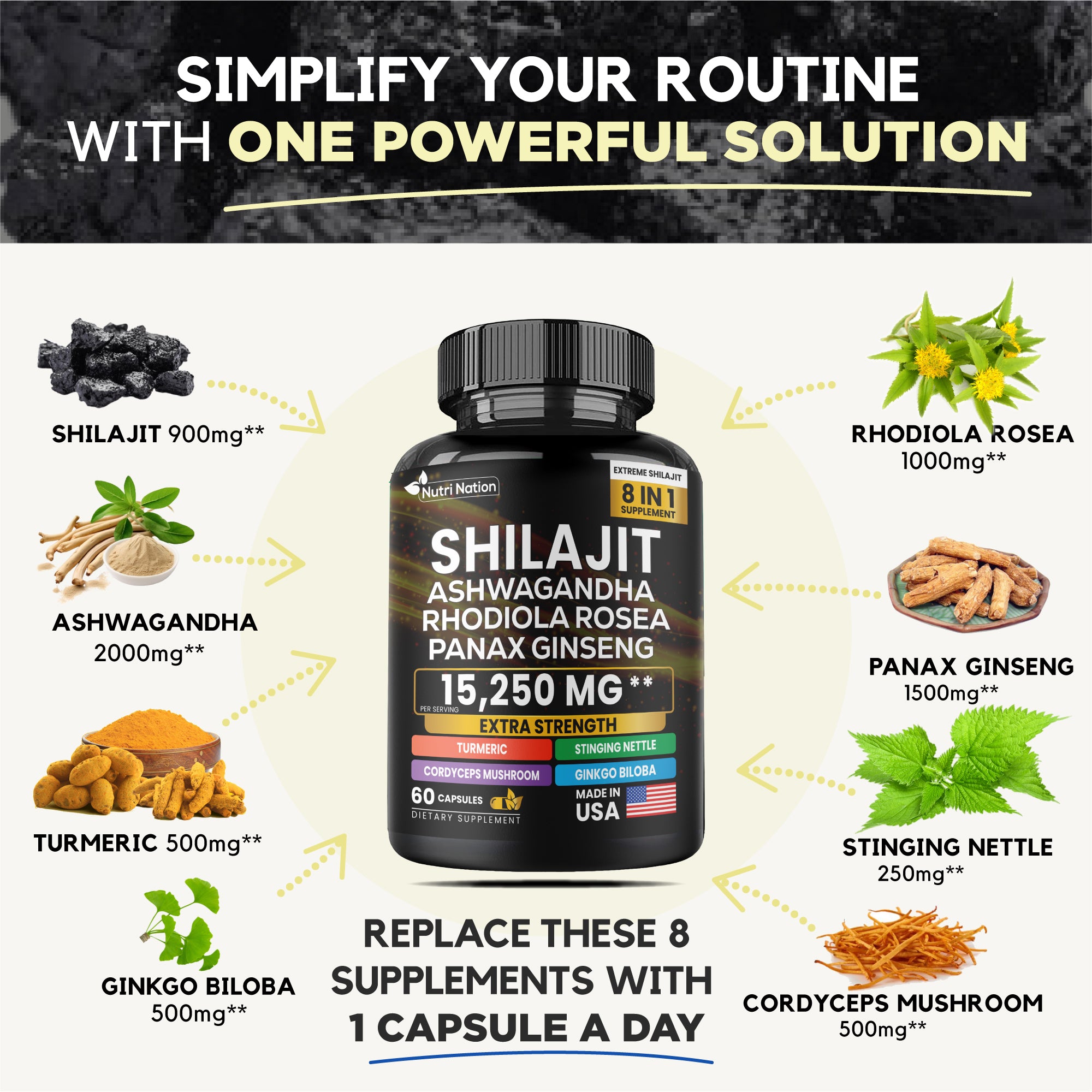 Dynamic Vitality Bundle Sea Moss 7000mg Black Seed Oil 4000mg Ashwagandha 2000mg Ginger & Shilajit 9000mg Rhodiola Rosea 61000mg Panax Ginseng 1500mg All in 1