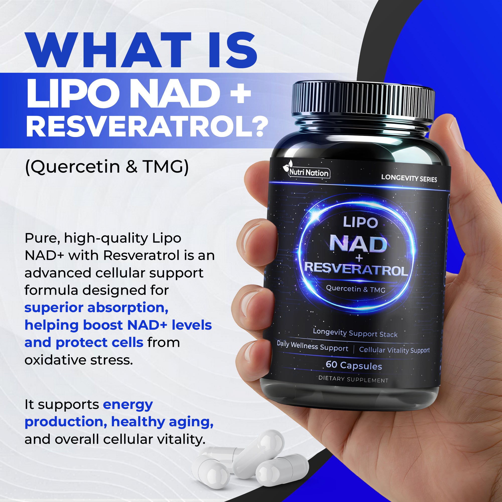 Liposomal NAD Supplement with Resveratrol, Quercetin and TMG, 60 Capsules