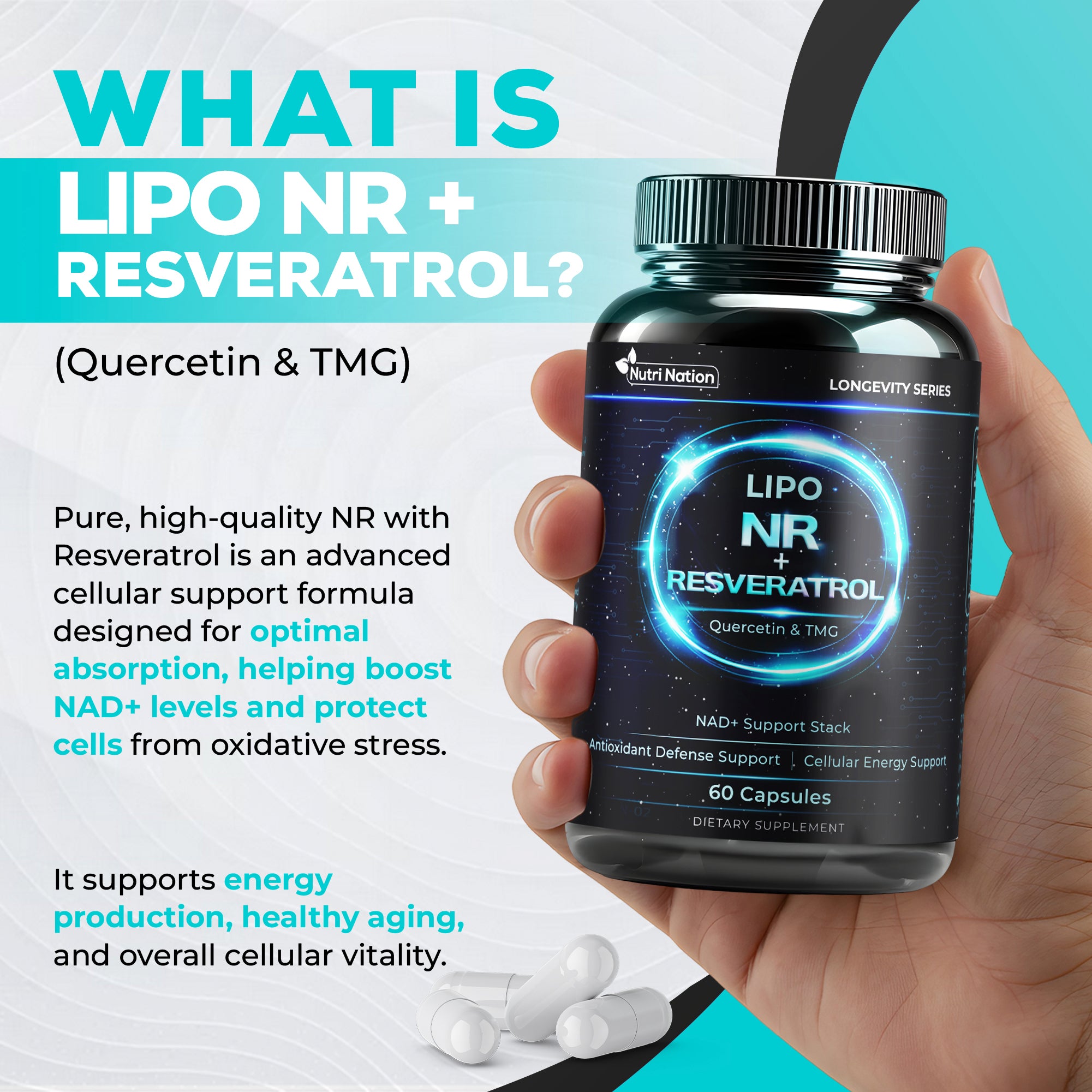 NAD Supplement NR with Resveratrol, Quercetin and TMG 60 Capsules