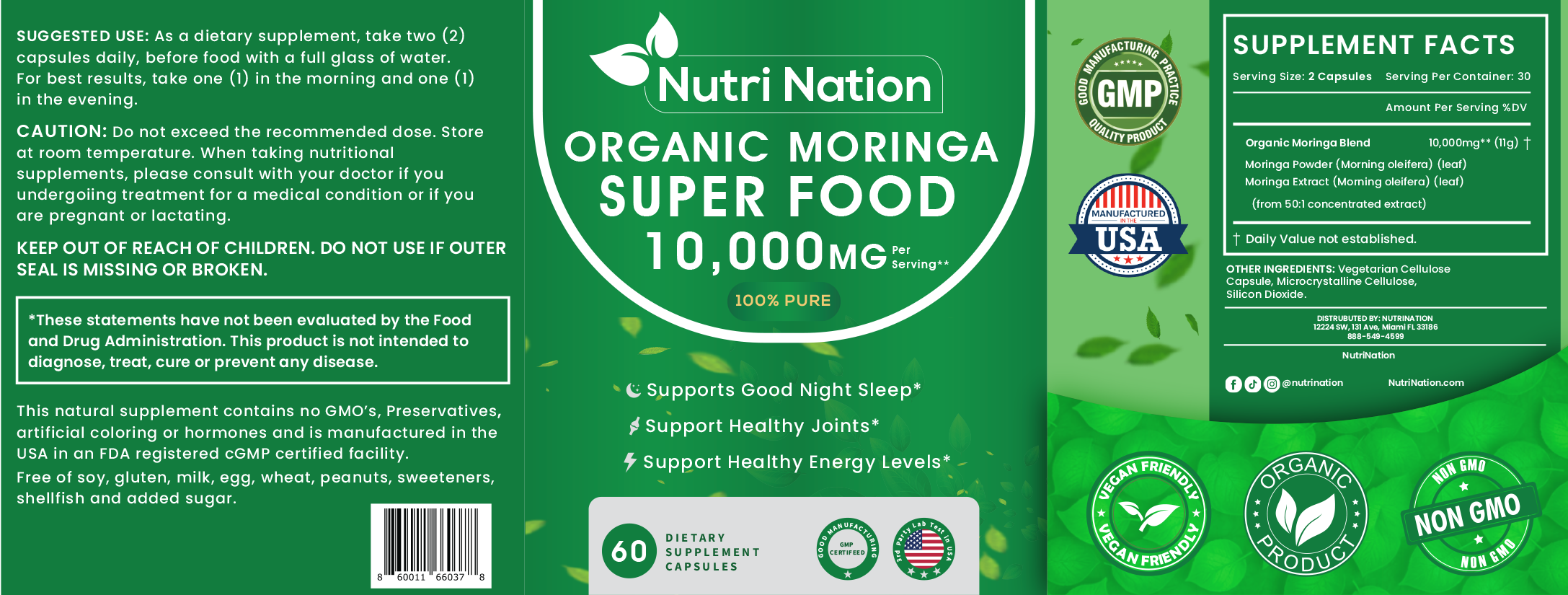 Organic Moringa Supplement 120 capsules 10,000mg