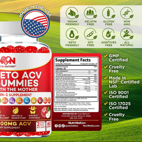 Keto ACV Gummy bottle and supplement facts - Nutri Nation